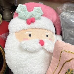 Plush Santa Face Accent Pillow - Pink and White Holiday Decor